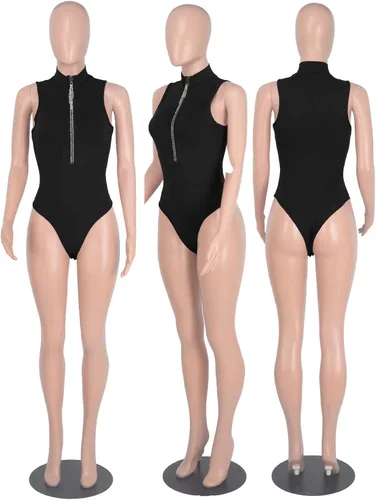 Vista 4 de Ekaliy Traje de verano para mujer, con cuello de tortuga, cremallera frontal, sin mangas, body