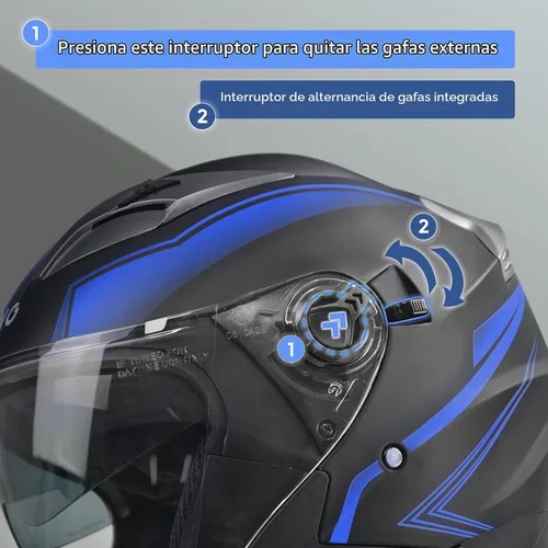 Vista 4 de Cascos de motocicleta 3/4 de cara abierta para adultos, doble visera Azul