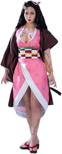 Vista 2 de Nezuko - Disfraz de kimono para niñas adultas, bata de anime japonés, disfraz de kimono de Halloween con accesorios de bambú