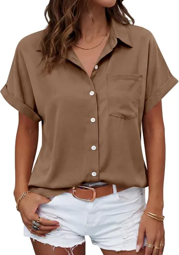 Vista 38 de Beautife Camisas con botones para mujer, blusas de manga corta Albaricoque