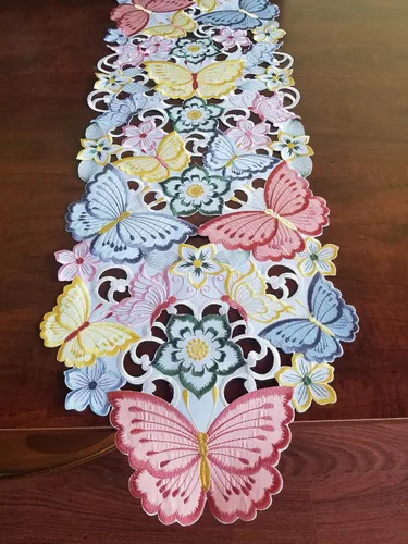Vista 3 de Camino de mesa de Pascua, bordado de primavera, con apliques de mariposa, ropa de mesa floral, decoración de mesa de comedor, decoración de mesa