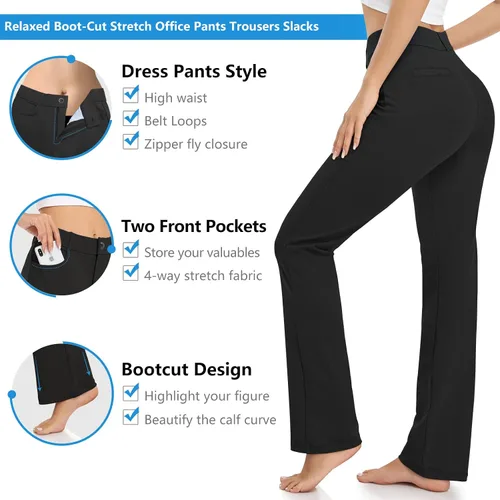 Vista 3 de HISKYWIN Pantalones de yoga para mujer, pantalones de trabajo elásticos de pierna rectacorte de bota, pantalones de oficina con bolsillos