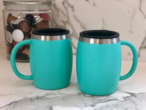 Vista 4 de Juego de 2 tazas de café aisladas de acero inoxidable (14 onzas) de doble pared con tapa y asa resistentes a derrames, tazas inastillables
