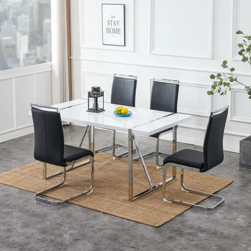 Vista 2 de Juego de sillas de mesa de comedor para 4, mesa de cocina rectangular moderna de 55 pulgadas con sillas acolchadas de cuero, juego de mesa de Negro
