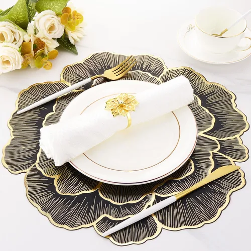 Vista 6 de Juego de 6 manteles individuales dorados con flores para mesa de comedor, manteles individuales redondos de vinilo prensado metálico de 15 pulgadas