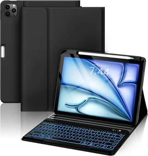 Vista 11 de OYEEICE Funda de teclado para iPad 6ª/5ª generación de 9.7 pulgadas, teclado inalámbrico desmontable retroiluminado de 7 colores, cubierta magnética