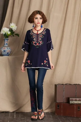 Vista 2 de Ashir Aley Blusa mexicana estilo bohemio bordada para mujer