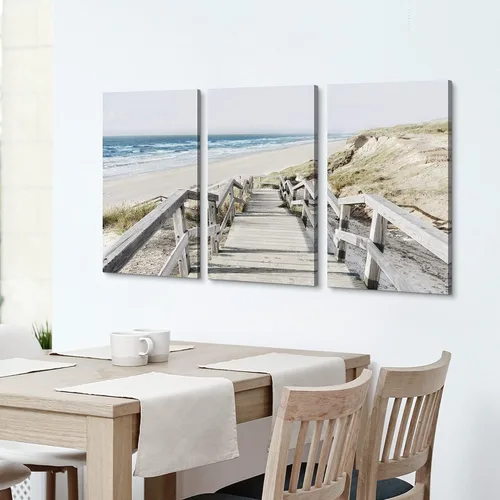 Vista 4 de Lienzo de playa costero para pared: tres piezas para dormitorio, imagen del océano, camino del océano, obra de arte de paisaje marino, pintura