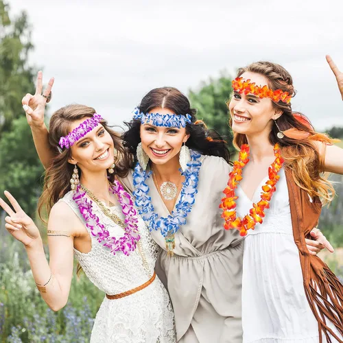 Vista 6 de HongyiTime 56 unidades de Leis hawaianos, suministros para fiestas Luau de collares, diademas y pulseras de flores elásticas, decoraciones hawaianas