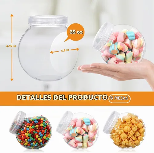 Vista 2 de Sunnyray Juego de 8 tarros de plástico de 25 onzas con tapas, platos transparentes para dulces con tapas, juego de recipientes de buffet, soporte