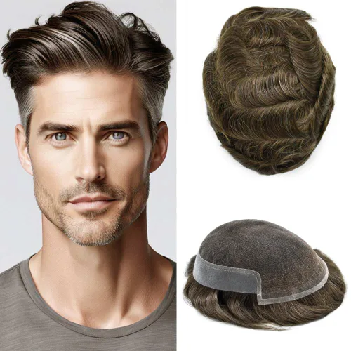 Vista 11 de FACE MIRACLE - Tupé de encaje frontal francés para hombres, postizos, sistemas de reemplazo de cabello humano con PU para hombre, prótesis