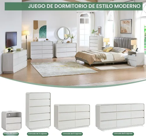 Vista 8 de Standifurno Cómodas blancas de 9 cajones, cómoda cajonera con cajones profundos, cómoda moderna para dormitorio, cajón curvado con gran Blanco