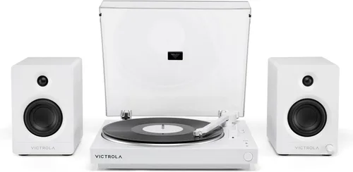 Vista 14 de Victrola - Tocadiscos Bluetooth completamente automático con cartucho Audio Technica ATN3600L y Victrola Tempo – Parlantes de estantería Bluetooth