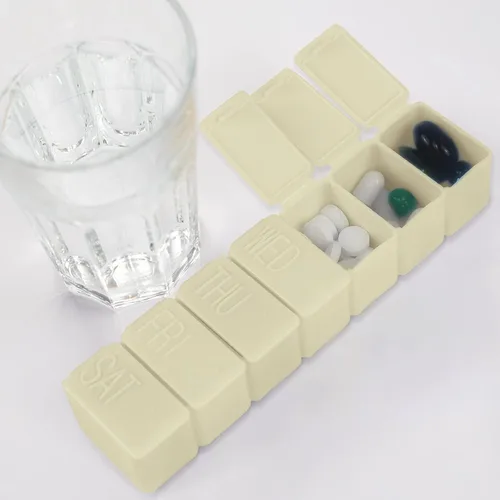 Vista 2 de Organizador semanal de píldoras pequeñas, pastillero de 7 días, caja de medicina diaria de vitaminas, recipientes de píldoras para suplementos
