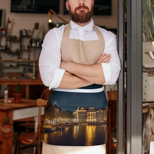 Vista 8 de Amsterdam Night View Print Server Aprons with 3 Pockets, Cute Waist Apron, Waterproof Half Apron for Cooking, Painting, Kitchen Baking, Service