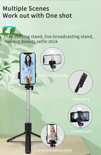 Vista 8 de Trípode selfie stick con luz de relleno, 40 pulgadas extensible y portátil estable trípode para selfie stick con control remoto inalámbrico Negro