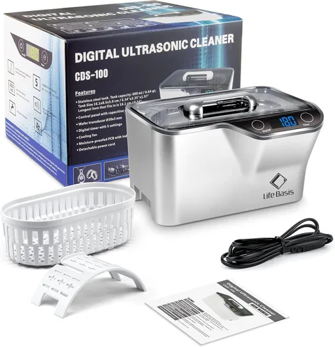 Vista 9 de LifeBasis Limpiador ultrasónico, limpiador ultrasónico profesional de joyas de 45 kHz, 20 onzas (20.3 fl oz) con temporizador digital, soporte