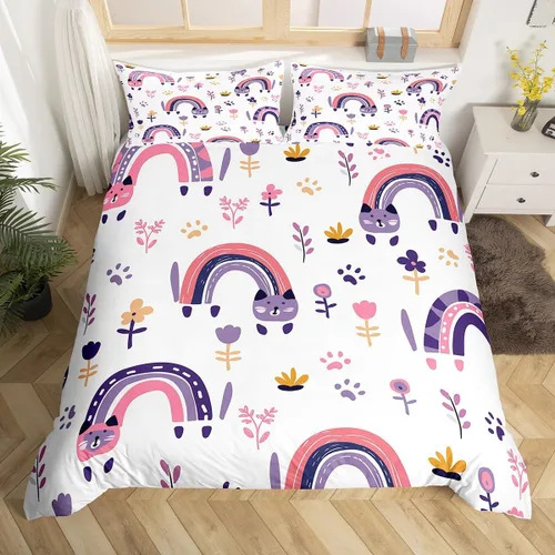 Vista 10 de Decoración de habitación kawaii, juego de funda de edredón arcoíris para niñas, tamaño individual, para niños y niños, lindo diseño de nubes
