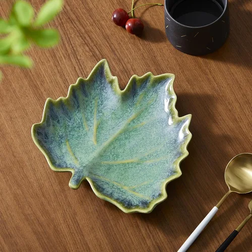 Vista 3 de VOMANA Plato de cerámica para joyas, bandeja de cerámica verde, plato de porcelana versátil para baratijas de porcelana, cuenco decorativo