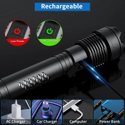 Vista 3 de Linterna LED súper brillante Weoxi, 1000000 lúmenes recargables con mango largo, batería de 10000mAh, 5 modos con zoom para camping al aire libre