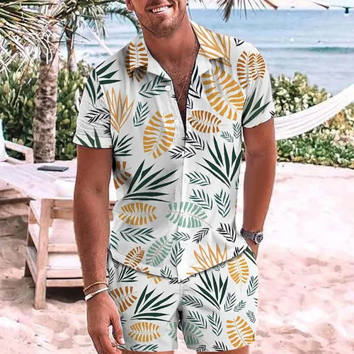 Vista 2 de SHENGXINY Conjunto hawaiano de 2 piezas para hombre, camisa floral con botones y pantalones cortos, conjunto deportivo de manga corta para hombre