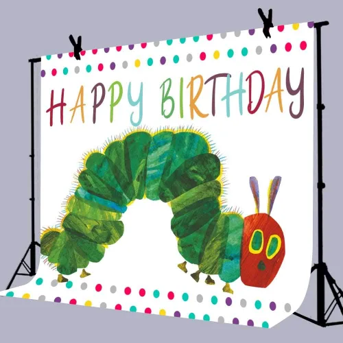 Vista 4 de Fondo de fotografía de feliz cumpleaños, fiesta temática de oruga de 5 x 3 pies, diseño de insectos de color arco iris, dibujos animados para niños