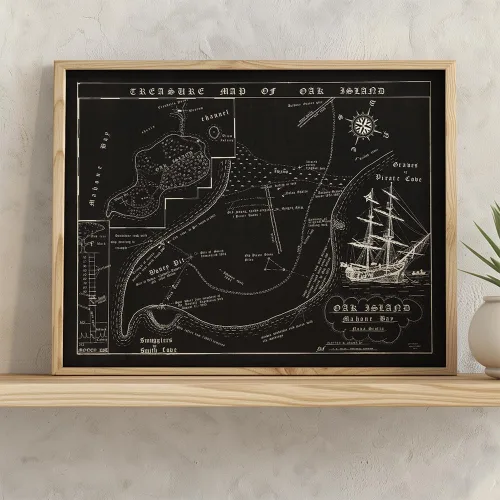 Vista 2 de 1974 Mapa de Fred Nolan del Tesoro de la Isla de Oak, Nueva Escocia, Canadá - Impreso Artístico Enmarcado de 11x14 – Gran Pieza de Diseño