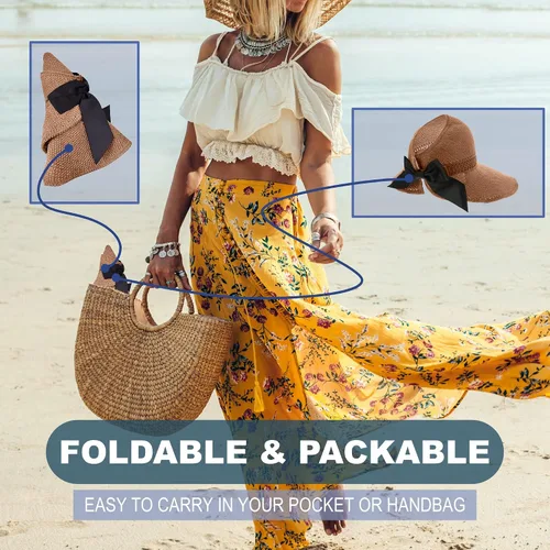 Vista 5 de Visera solar de paja para mujer, ala ancha, protección UPF 50+, sombrero de playa, ajustable, plegable, gorra de cola de caballo con correa