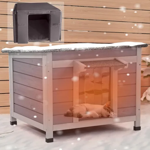 Vista 7 de GUTINNEEN Casa climatizada para gatos al aire libre con forro aislante para invierno, impermeable, refugio para gatos
