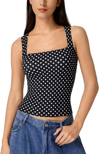 Vista 11 de QINSEN Camisetas básicas ajustadas de doble capa con cuello cuadrado para mujer Castaño