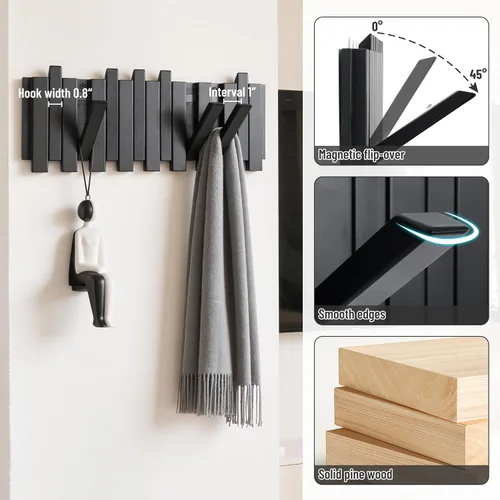 Vista 4 de Perchero de pared para entrada: madera plegable 8 ganchos