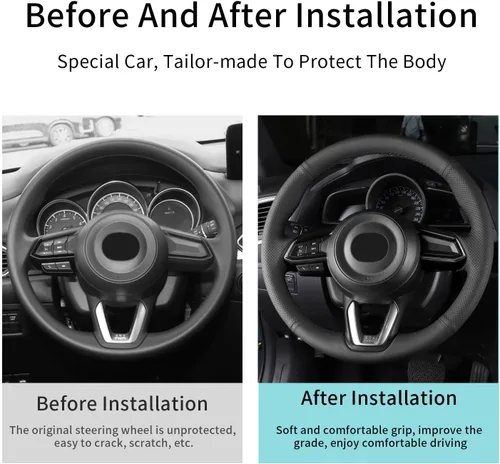 Vista 6 de Funda de Volante de Microfibra de Cuero Cosida a Mano, Compatible con Mazda 3 2017 2018/Mazda CX-5 2017-2020/Mazda 6/CX-9 2016-2020/CX-3 2018 2019