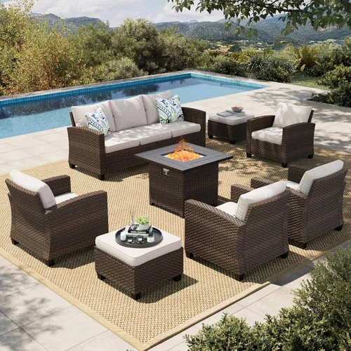 Vista 29 de HERA'S HOUSE Juego de muebles de patio con mesa para fogata de 56 pulgadas, juegos de conversación de patio al aire libre, 6 piezas de 7 asientos