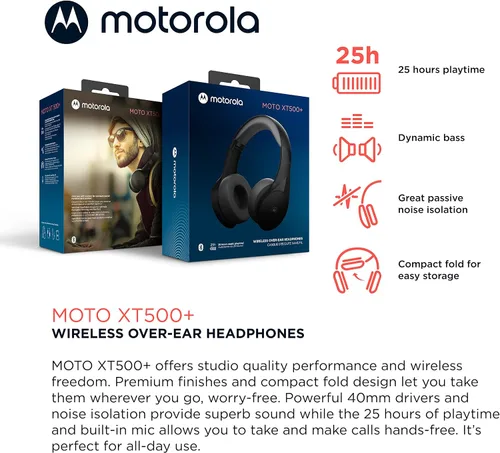 Vista 2 de Motorola Auriculares inalámbricos Bluetooth con micrófono, Moto XT500+ Auriculares sobre la oreja con control en línea para llamadas, teléfonos