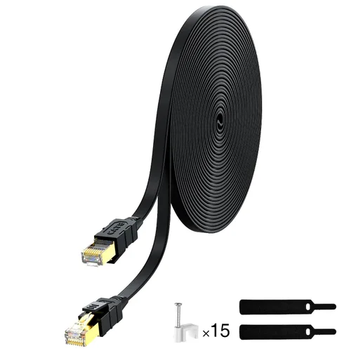 Vista 9 de Cable Ethernet Cat 8 de 30 pies, cable de conexión LAN de Internet plano blindado negro de alta velocidad, 26 AWG 40 Gbps 2000 Mhz SFTP con chapado