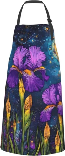 Vista 2 de Delantal de cocina con estampado de lirios morados, ajustable, impermeable, con bolsillos, unisex