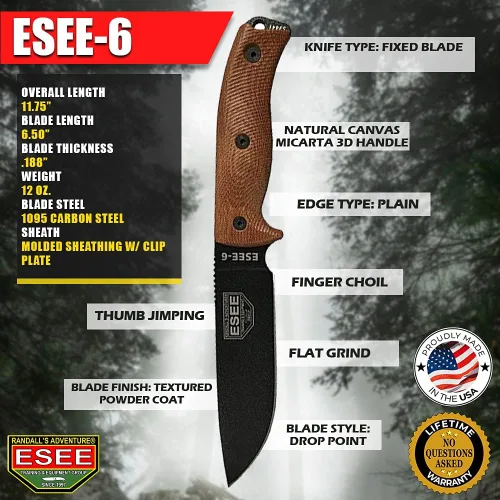 Vista 6 de ESEE-6 - Cuchillo de hoja fija, mango contorneado 3D, acero al carbono 1095, funda de polímero ambidiestro, fabricado en Estados Unidos, talla única
