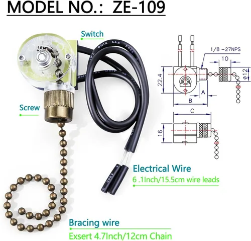 Vista 2 de Paquete de 2 interruptores de luz para ventilador de techo, Zing Ear ZE-109, bronce fácil de instalar, cables de extracción de encendido y apagado