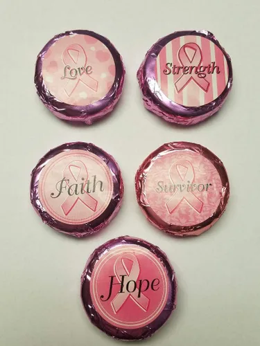 Vista 5 de 100 galletas cubiertas de chocolate para concientización sobre el cáncer de mama, envueltas individualmente con chocolate con leche y etiquetas