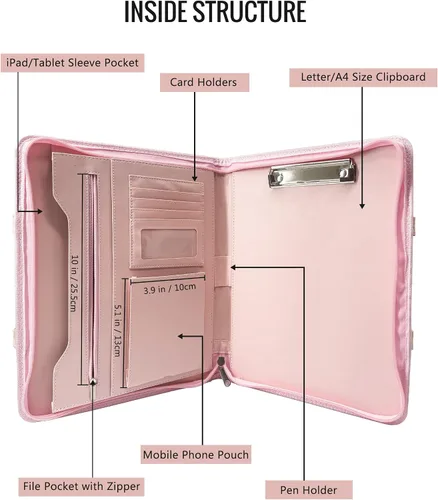 Vista 3 de GraduatePro Carpeta de cuero con cremallera, estuche organizador para bloc, cuaderno y currículum con portapapeles para mujer, regalo de graduación