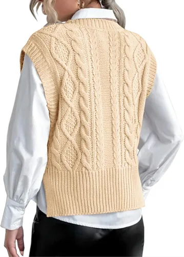 Vista 4 de Chaleco de suéter para mujer Lueluye V cuello sin mangas de punto sólido casual acanalado estilo preppy Beige
