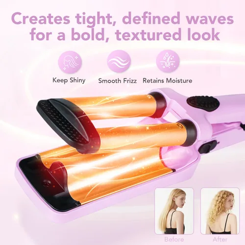 Vista 6 de Mini rizador de pelo, rizador de 3 barriles de 1/2 pulgada con doble voltaje, rizador de playa de viaje para cabello corto a mediano, morado