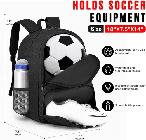 Vista 2 de Hsmihair - Mochila de fútbol juvenil - Mochila para fútbol y baloncesto, con compartimento para pelota y tacos separados