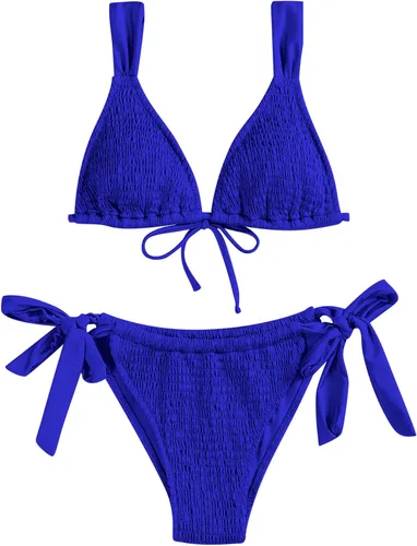 Vista 6 de ZAFUL Traje de baño de 2 piezas para mujer, traje de baño brasileño con tirantes de satén fruncido, traje de baño con cordones