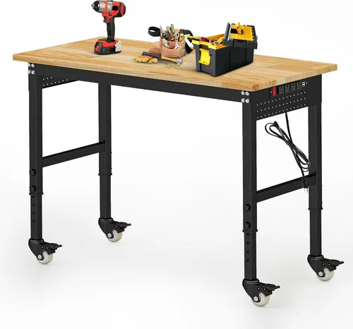 Vista 8 de Betterhood Banco de trabajo de altura ajustable, estación de trabajo resistente con parte superior de madera de goma de 48 pulgadas con tomas