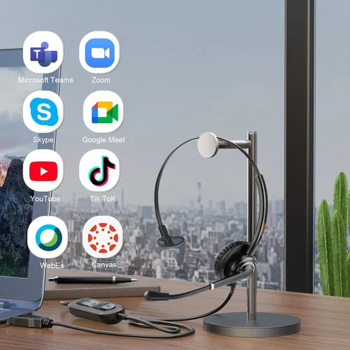 Vista 8 de Auriculares USB con micrófono para oficina centro de llamadas telefónico, auriculares USB-A ligeros de 1 oreja con micrófono con cancelación