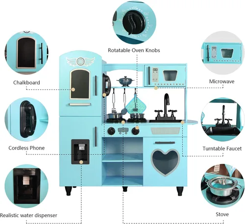 Vista 7 de TaoHFE Juego de Cocina de Juguete, Juego de Cocina Azul para Niños de 4 a 8 Años, Juego de Cocina para Niñas y Niños, Juego de Cocina de Madera