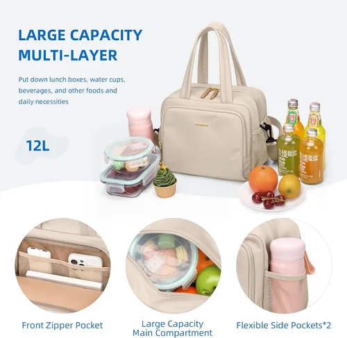 Vista 5 de Loncheras aisladas para mujer, ligeras, acolchadas, impermeables, reutilizables, para el trabajo, picnic, viajes, albaricoque