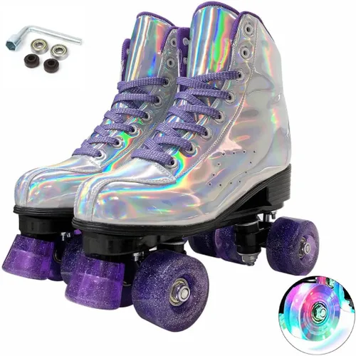 Vista 10 de XUDREZ Patines de ruedas para mujeres, patines de alta calidad holográficos de cuero de poliuretano, patines brillantes de doble fila de cuatro