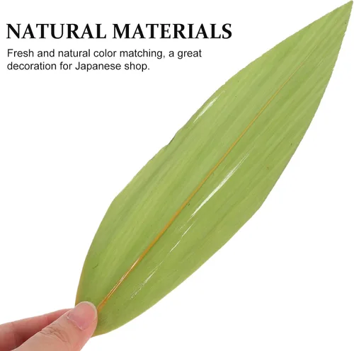 Vista 5 de Kichvoe Hojas decorativas de sushi, 100 piezas de hoja de bambú, tapete japonés de comida para sashimi, placa de decoración de hojas verdes